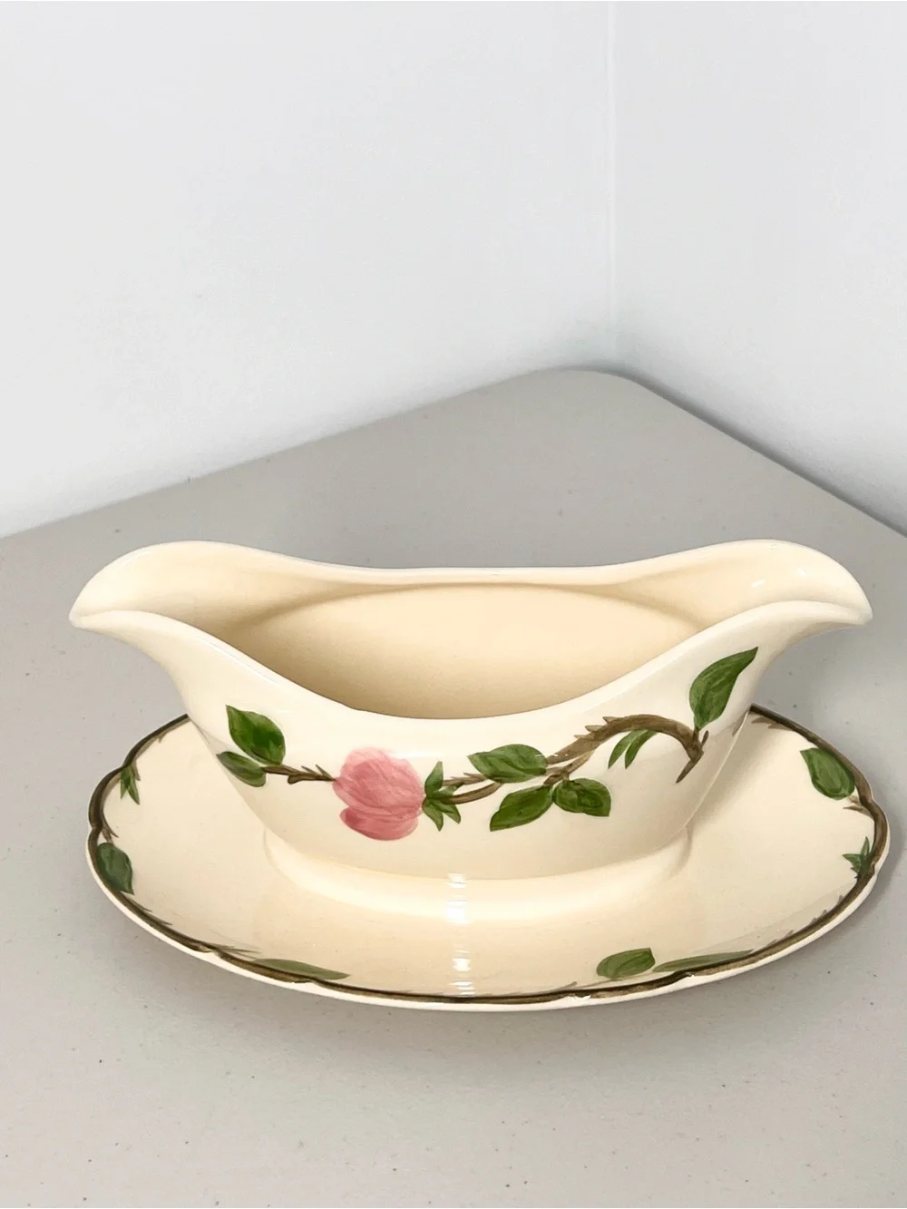 VTG Franciscan Desert Rose Gravy Boat Attached Underplate